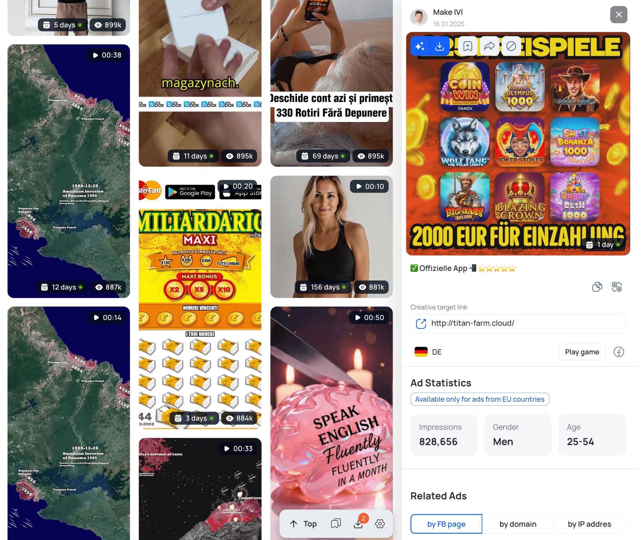 Tyver Ad Detail View - Detailed ad statistics showing impressions, demographics, and related ads