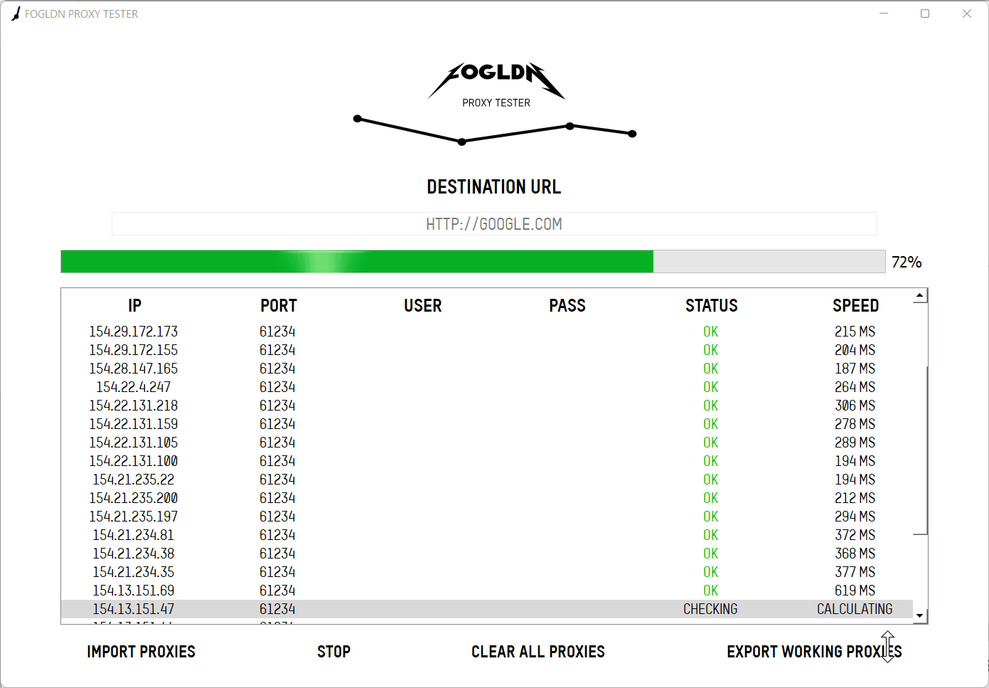 Fogldn Proxy Tester application graphical UI